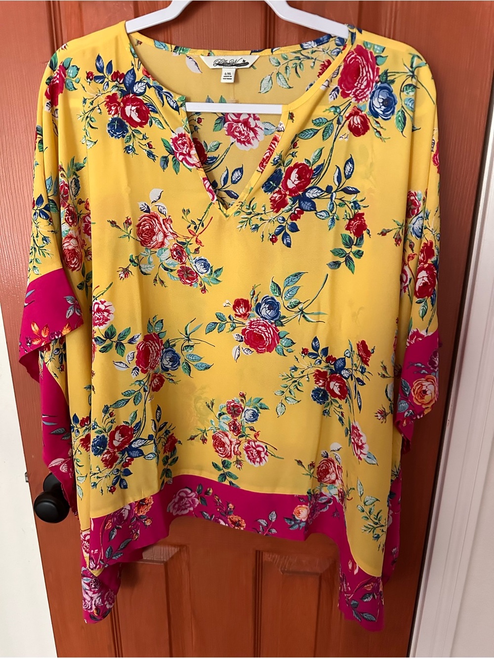 Women’s Floral V-Neck Poncho Top - Yellow & Pink